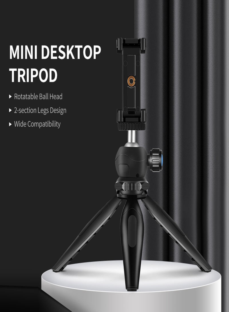 Portable Desktop Tripod for Phone/DSLR/Mirrorless Camera Rotatable Ball Head/1/4'' Screw/2 Availavle Heights/Phone Mounting Seat, Black - Image 1